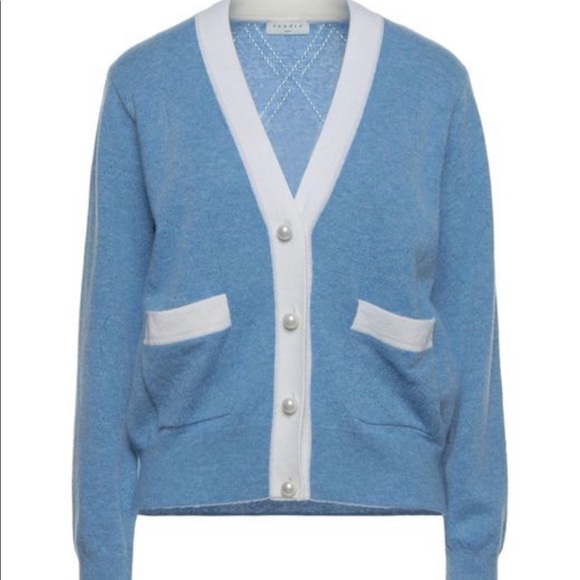 Sandro Cashmere Lucas Pointelle Stitch Light Blue White Cardigan w/Pearl Buttons - Picture 1 of 11